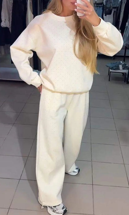 Women's Pants Suit Autumn New O-neck Hot Diamond Long-sleeved T-shirt Drawstring Sweatpants Fashionable Ladies 2-piece Sets