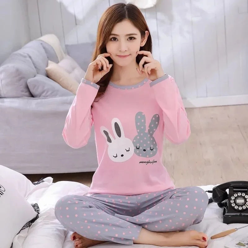 Autumn Thin 2pieces Pijamas Set Women 2025 Cartoon Round Neck Girls Pajamas Sets Honey Boof Full Sleepwear Clothes Sleep Tops
