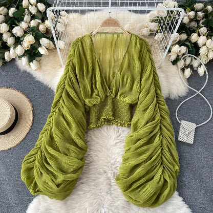 Women Sexy Chiffon Short Blouse Female See Through Super Long Sleeve Purple/Green/Black/White Folds Party Tops 2025 New