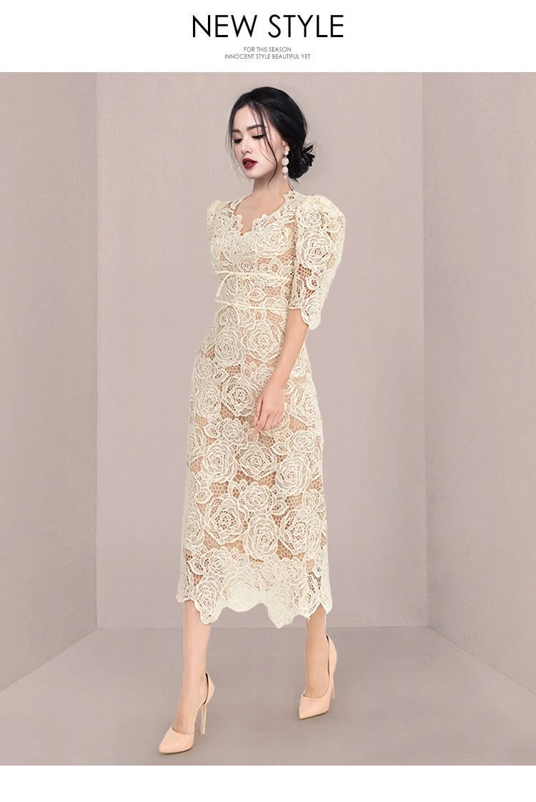 Queen Summer Dresses Korean Retro High Waist Vestidos Elegant Fashion Slim Midi Hollow Out Office Party Casual Lace Dress
