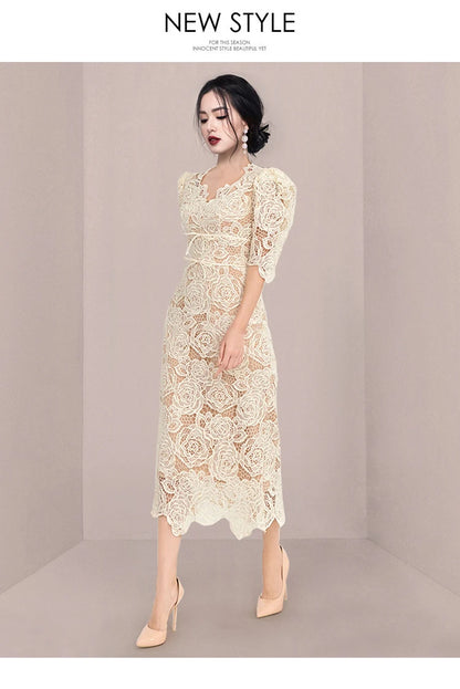 Queen Summer Dresses Korean Retro High Waist Vestidos Elegant Fashion Slim Midi Hollow Out Office Party Casual Lace Dress
