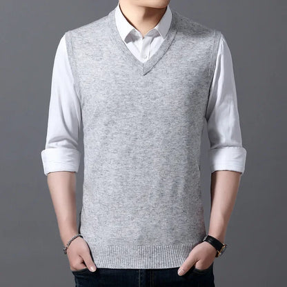 New Men's Autumn High-end Sweater Vest V-neck Warm Knit Sleeveless Men's Clothes Pullover Tops