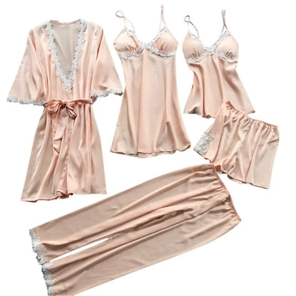 2025 Five-Piece Pajamas Women's Summer Half Sleeve Bridal Gown Plus Size Home wear Nightgown Bathrobe European and American