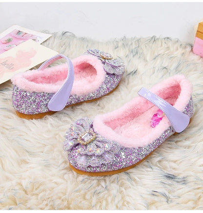 Disney Autumn Fashion Pearl Bow Rhinestone Frozen Elsa Princess Girl Shoes Flat Kids Princess Warm Winter Shoes Size 23-36