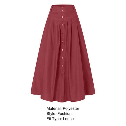Big Hem Women Long Skirt Solid Color High Waist All Match Button Decor A-line Summer Loose Maxi Skirt Female Garment