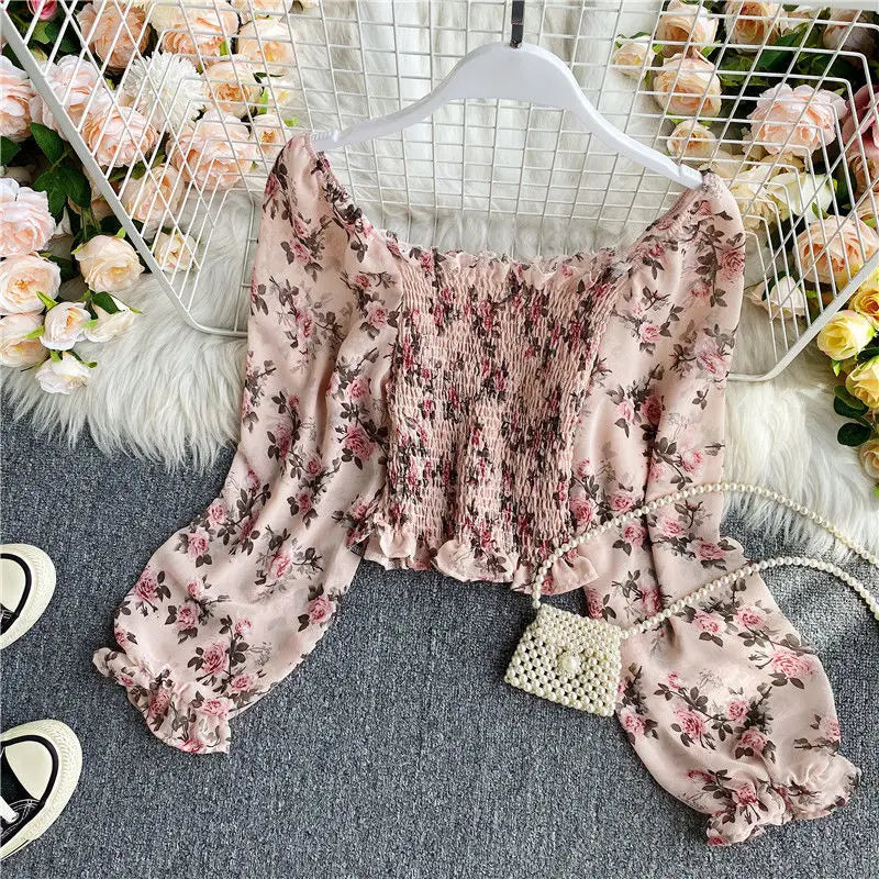 Blouse Women Autumn Retro Sexy Square-Neck Chiffon Shirt Long Sleeve Women's High Waist Short Blusas Ropa De Mujer