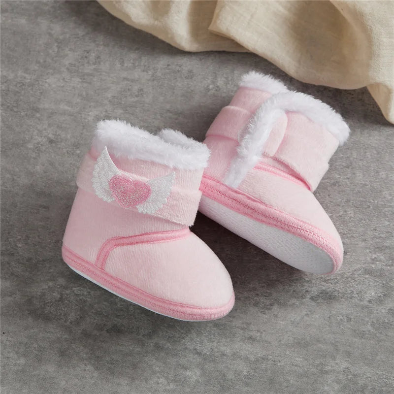 Suefunskry Newborn Baby Winter Snow Boots Contrast Color Ankle Boots Warm Plush Heart Wings Baby Walking Shoes for Toddler 0-18M