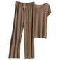 2 Pcs/Set Women T-shirt Pants Set Pleated Wide Leg V Neck Short Sleeves Loose Home wear Pullover Thin Summer Top Trousers Set