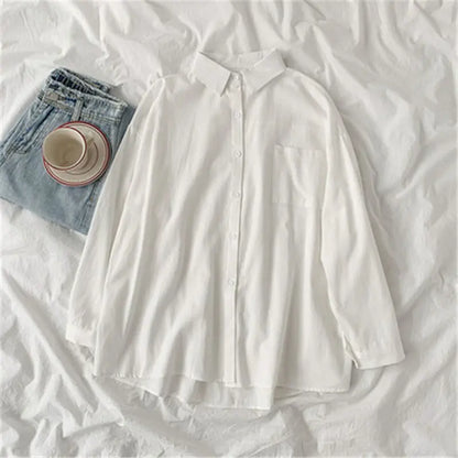 Solid White Shirt Women Casual Turn Down Collar Long Sleeve Pocket Women's Tops And Blouses Spring Office Lady Plus Size Shirts