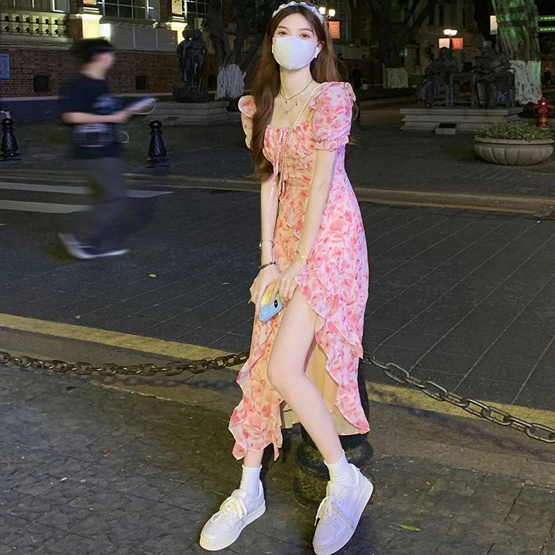 Short Sleeve French Elegant Dress Beach Floral One Piece Beach Midi Dress