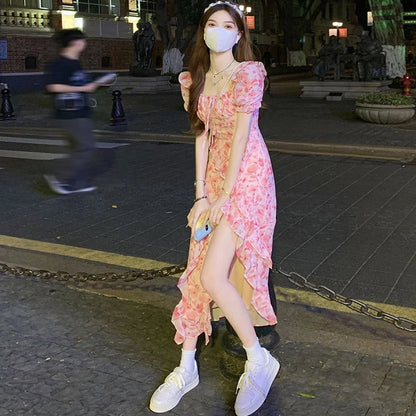 Short Sleeve French Elegant Dress Beach Floral One Piece Beach Midi Dress