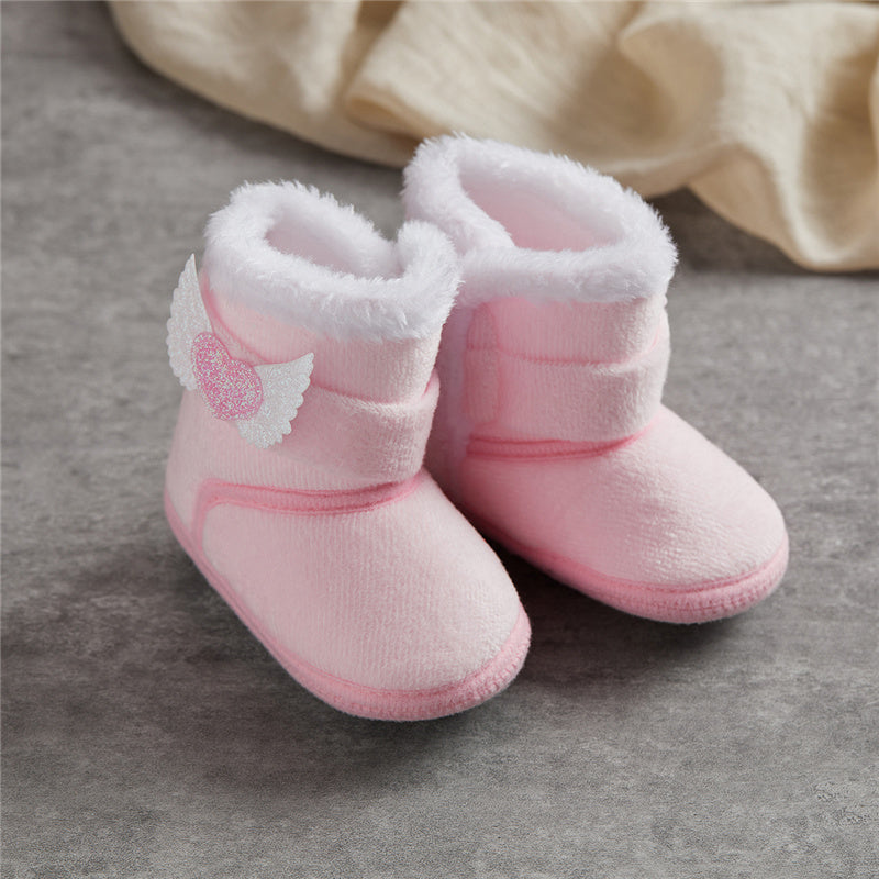 Suefunskry Newborn Baby Winter Snow Boots Contrast Color Ankle Boots Warm Plush Heart Wings Baby Walking Shoes for Toddler 0-18M