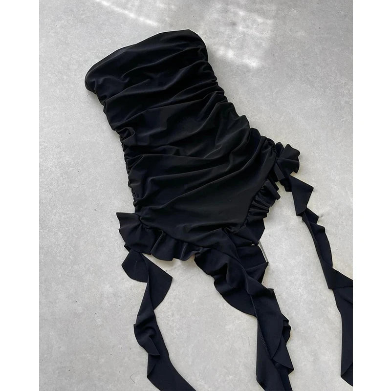 Women Strapless Sexy Floral Fold Hemline High Slit Mini Dress 2025 Solid Backless Sleeveless Black And Pink Party Dress Vestidos