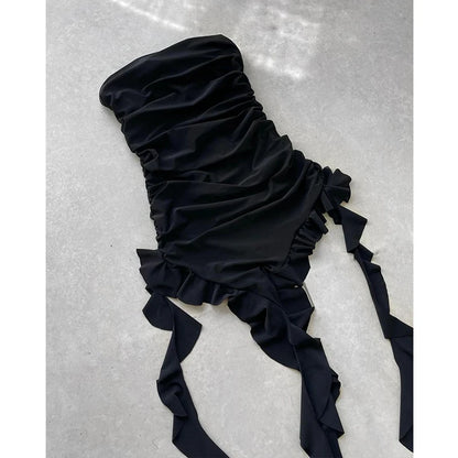 Women Strapless Sexy Floral Fold Hemline High Slit Mini Dress 2025 Solid Backless Sleeveless Black And Pink Party Dress Vestidos