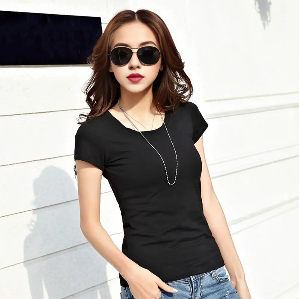 Women T-shirt V-neck Short Sleeve Slim Fit T-shirt Solid Color Pullover Tops Stretchy Bottoming Shirt Women Blouse Streetwear