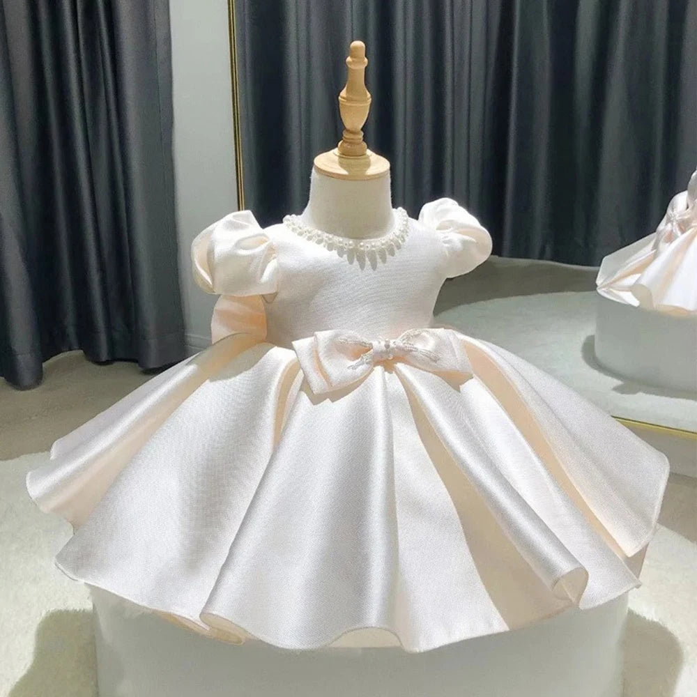 HETISO Baby Dresses for Wedding Pearl Necklace Girl Kid's Dress White Toddler Clothes Elegant Birthday Gown 1-8 Years
