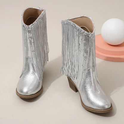 Children Boots Versatile Tassels Pink Elegant 2024 New Performance Girls Boots Low Heels Shiny Solid Color Britain Princess Boot