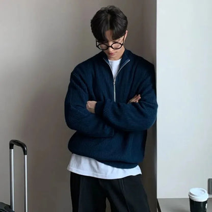 2025 Spring Autumn Men New Fashion Men Loose Half-high Collar Zipper Pullover Knitted Sweater Jacket  All-match Clothing