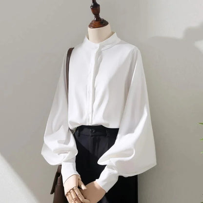 Woman Spring Autumn Style Blouses Shirt Lady Long Lantern Sleeve Stand Collar Loose Blouse Tops