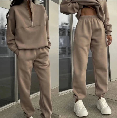 Women's Sports Suits 2025 Autumn Winter Latest Marketing Solid Thick Long Sleeved Zipper Sweatshirt Pants Set Two Piece Set