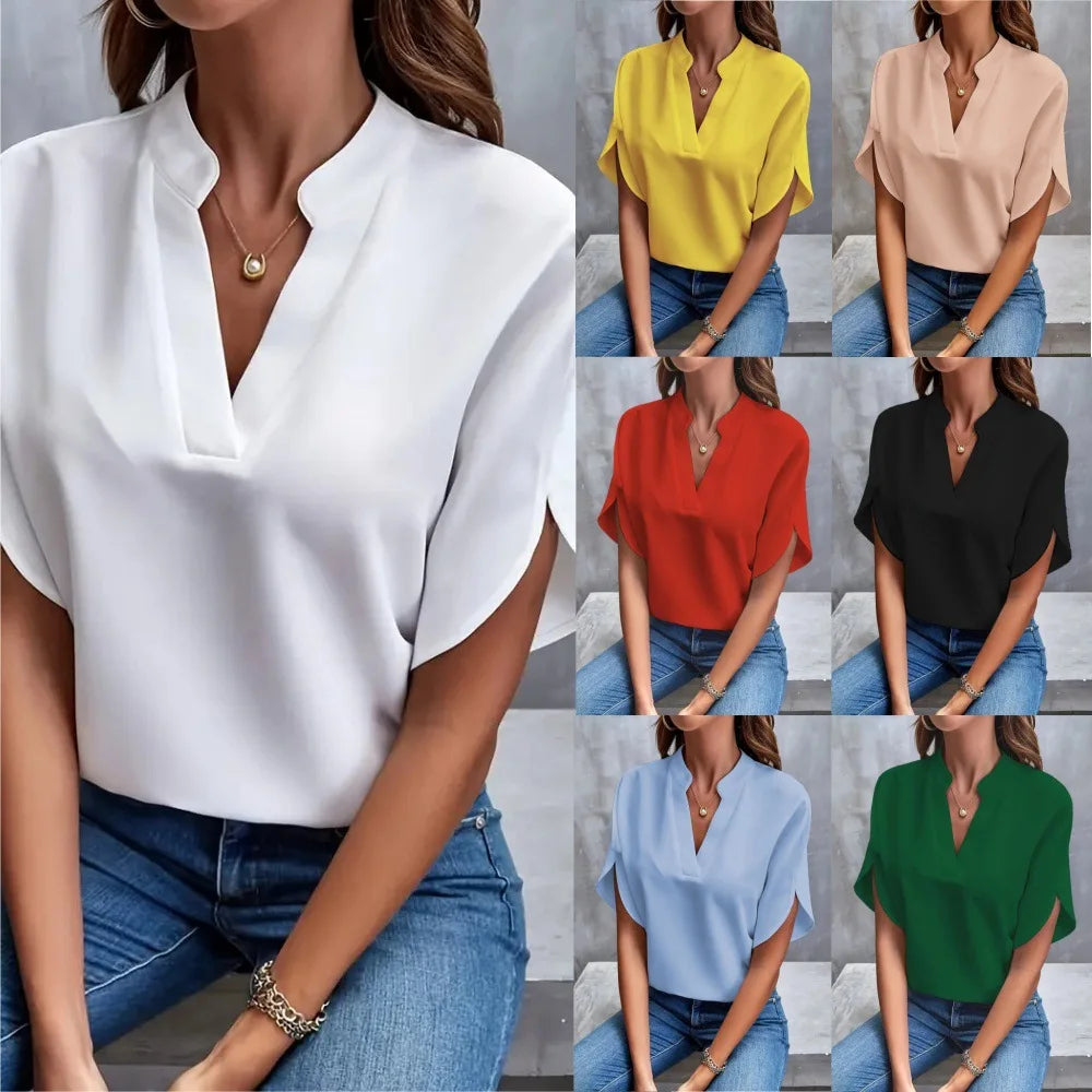 Summer Elegant Women's Blouse New V-neck Short Sleeve Solid Color Loose Shirt Casual White Tops Office Lady Blouse