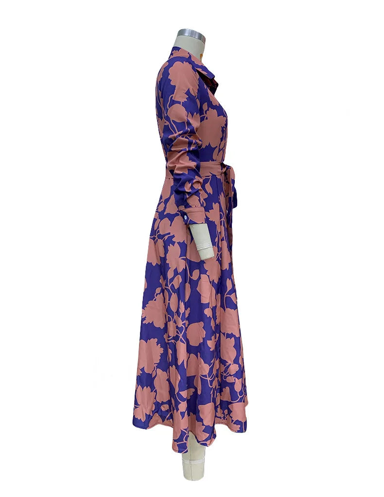 2025 Spring New Women's Fashion Style Printed Sexy Waist Strap Mid Length Single Breasted Long Sleeve Collar Dress