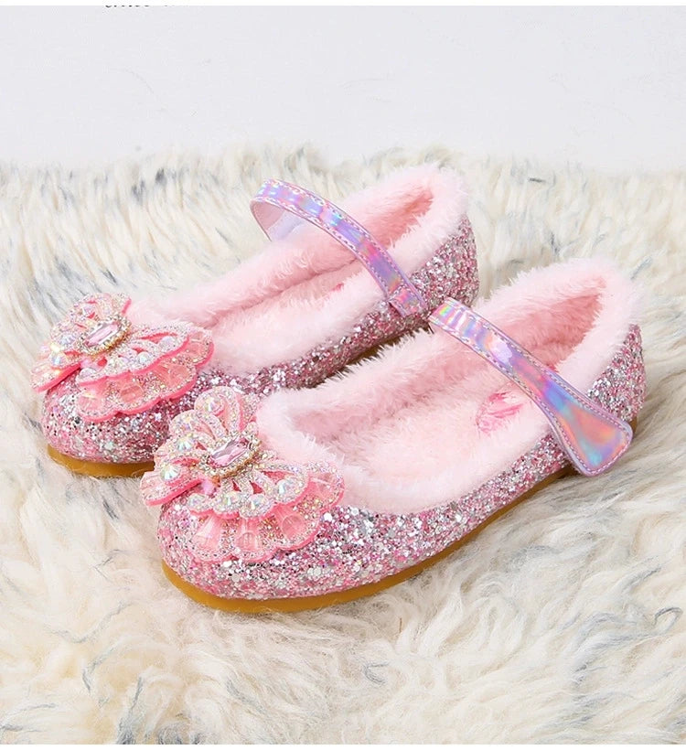 Disney Autumn Fashion Pearl Bow Rhinestone Frozen Elsa Princess Girl Shoes Flat Kids Princess Warm Winter Shoes Size 23-36