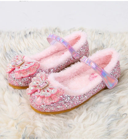 Disney Autumn Fashion Pearl Bow Rhinestone Frozen Elsa Princess Girl Shoes Flat Kids Princess Warm Winter Shoes Size 23-36