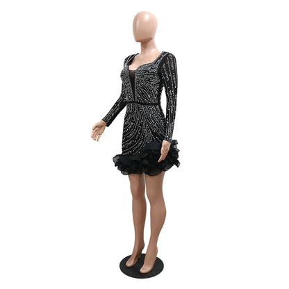 2025 New Women Mesh Sleeve Bodycon Sexy Diamonds Birthday Party Dress Tiered Ruffles Rhinestone Pearls Party Night Dress Pink