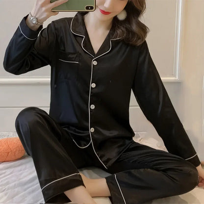 Women Satin Long Sleeve Pajama Set Lapel Top And Pants Solid Pajamas Loungewear 2025 New Arrival Drop-shipping