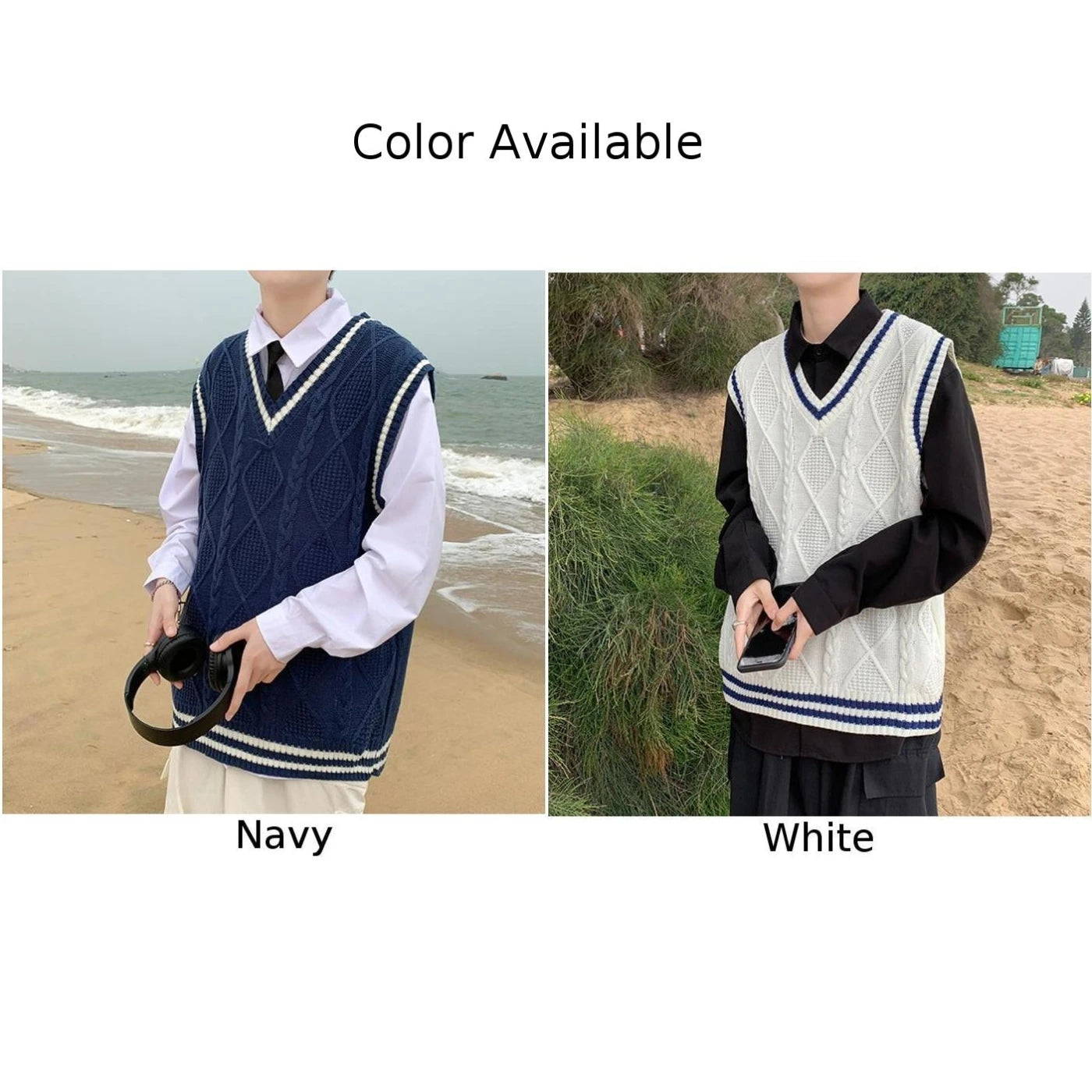 Men's Classic Contrast Color Thermal V-Neck Comfortable Cardigan Sleeveless Slight Stretch Solid Vest Simple Loose Waistcoat Tops