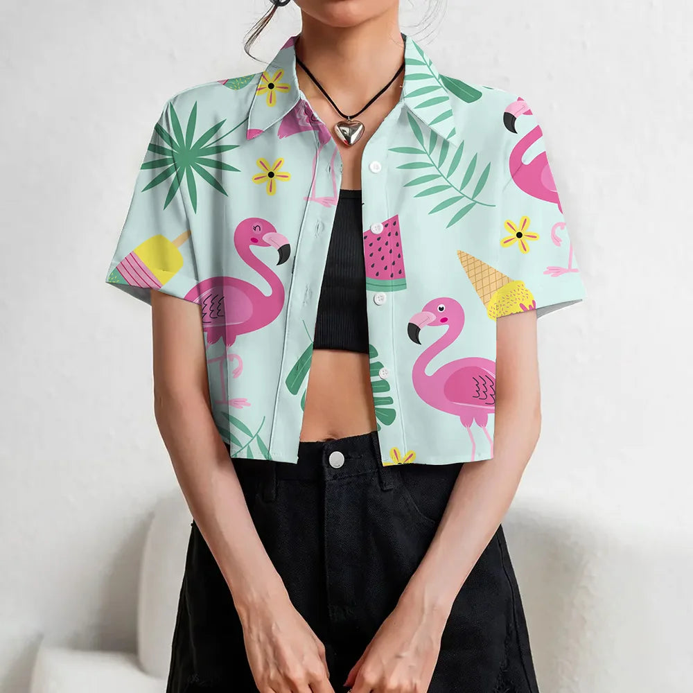 Women's Lapel Button Tank Tops Shirts Summer Casual Short Sleeve Shirts 3D Cherry Printed Women's Clothing Navel Exposed Shirts