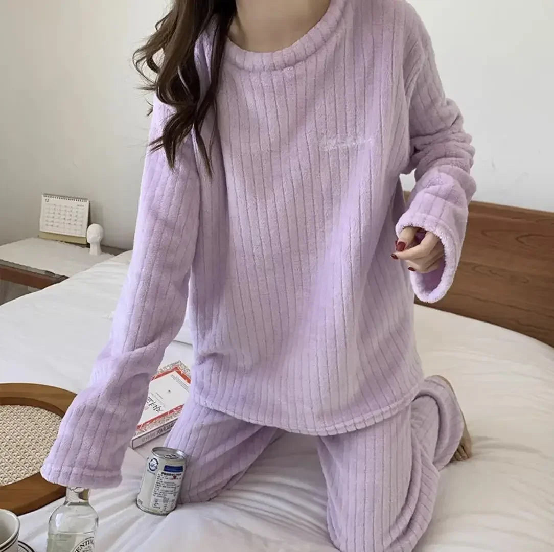 Solid round neck simple coral fleece pajamas for women winter warm velvet casual loose pullover + long pants 2pcs Pajama sets