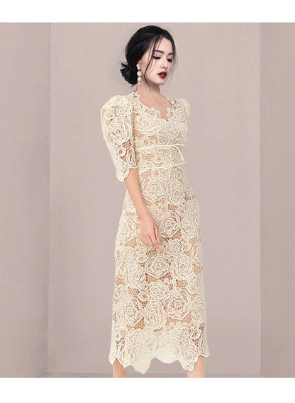 Queen Summer Dresses Korean Retro High Waist Vestidos Elegant Fashion Slim Midi Hollow Out Office Party Casual Lace Dress