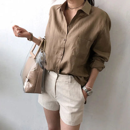 Leisure Long Sleeve Cotton Linen Loose Shirt Women Spring Summer Vintage Harjauku Streetwear Oversized Blouse Elegant Top Tunics