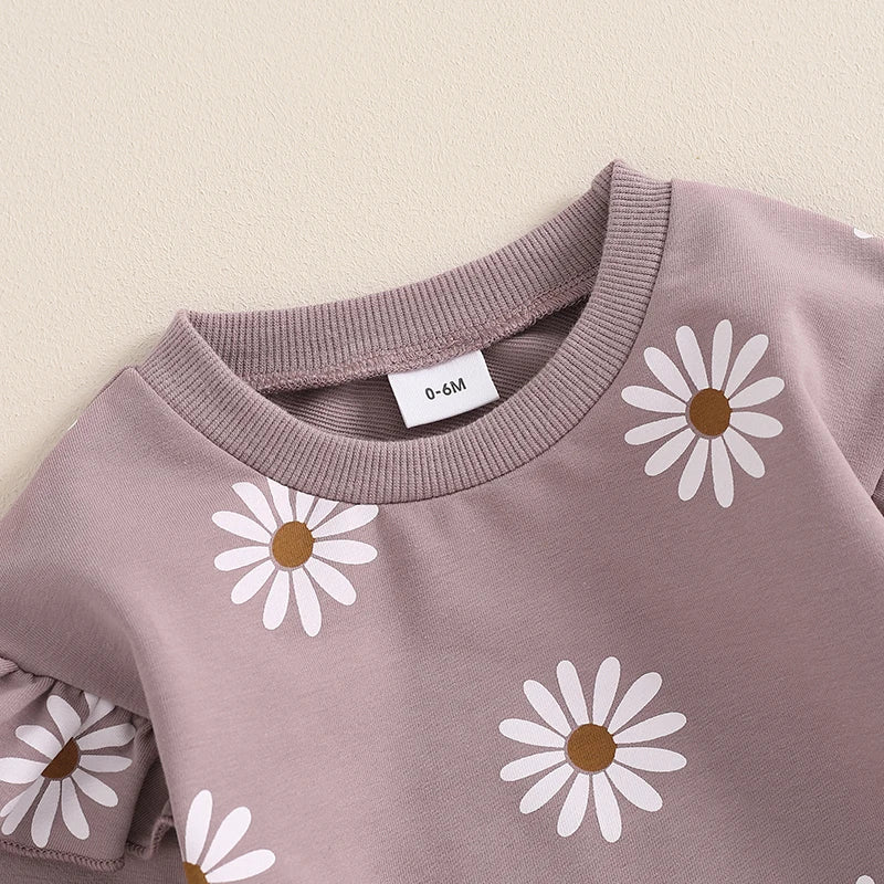 2025 Lorrainian Toddler Girl Fall Outfit Daisy Print Long Sleeve Sweatshirt with Elastic Waist Pants 2 Pcs Set