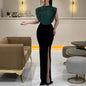 Lady Fashion Sleeveless Draped Split Dress Casual O Neck Sequin Splicing Party Dress 2025 New Year Elegant High Waist Long Dress