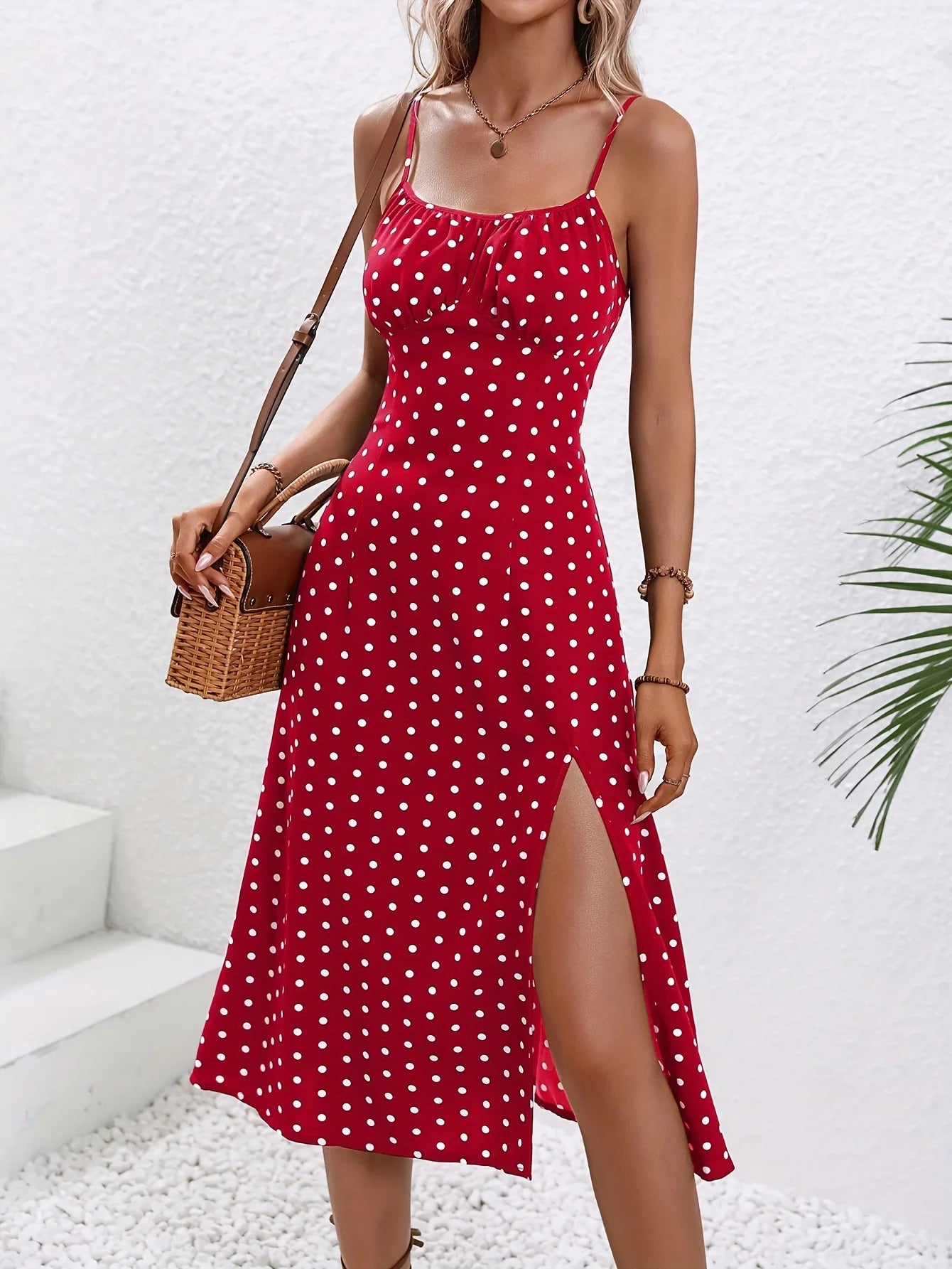 2025 Summer Sexy Spaghetti Straps Dress Women Fashion Polka Dot Print Sleeveless Slit Dress Boho Casual Beach Midi Dresses