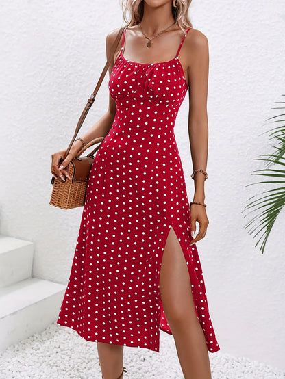 2025 Summer Sexy Spaghetti Straps Dress Women Fashion Polka Dot Print Sleeveless Slit Dress Boho Casual Beach Midi Dresses