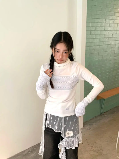 Fashion Star Gauze Sweet Irregular Chic Women Skirts Japanese Y2k Aesthetic Split Skirt Vintage Casual Lace Ruffled Fairy Faldas