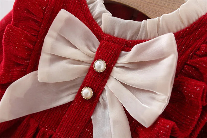 Winter Newborn Girls Clothes Korean Fashion Bow Cute Fleece Warm Thick Long Sleeve Red Baby Dress Luxury Birthday Dresses BC1704
