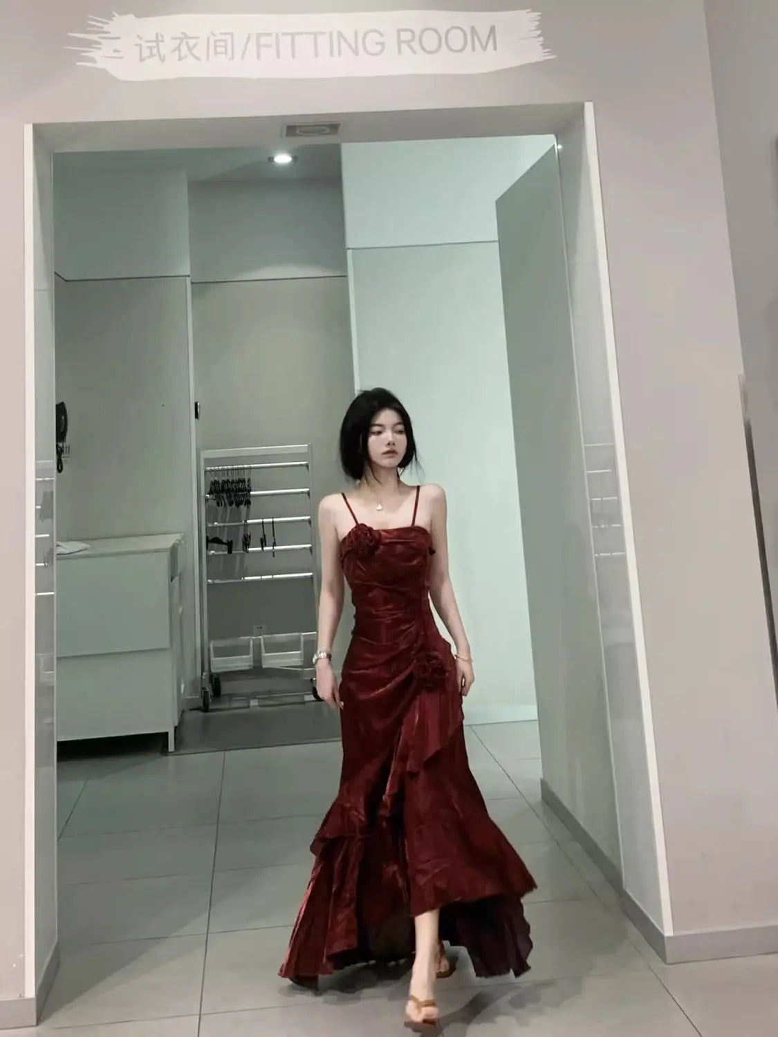 Korean Vintage Velvet Long Dress Women Luxury Slim Mermaid Spaghetti Strap Floral Dress Elegant Sexy Casual Evening Party Dress
