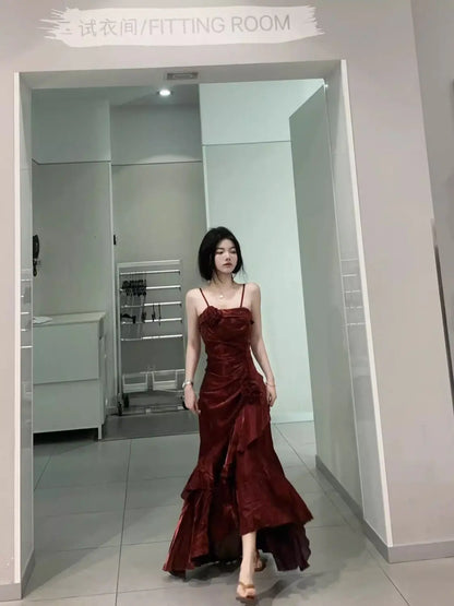 Korean Vintage Velvet Long Dress Women Luxury Slim Mermaid Spaghetti Strap Floral Dress Elegant Sexy Casual Evening Party Dress