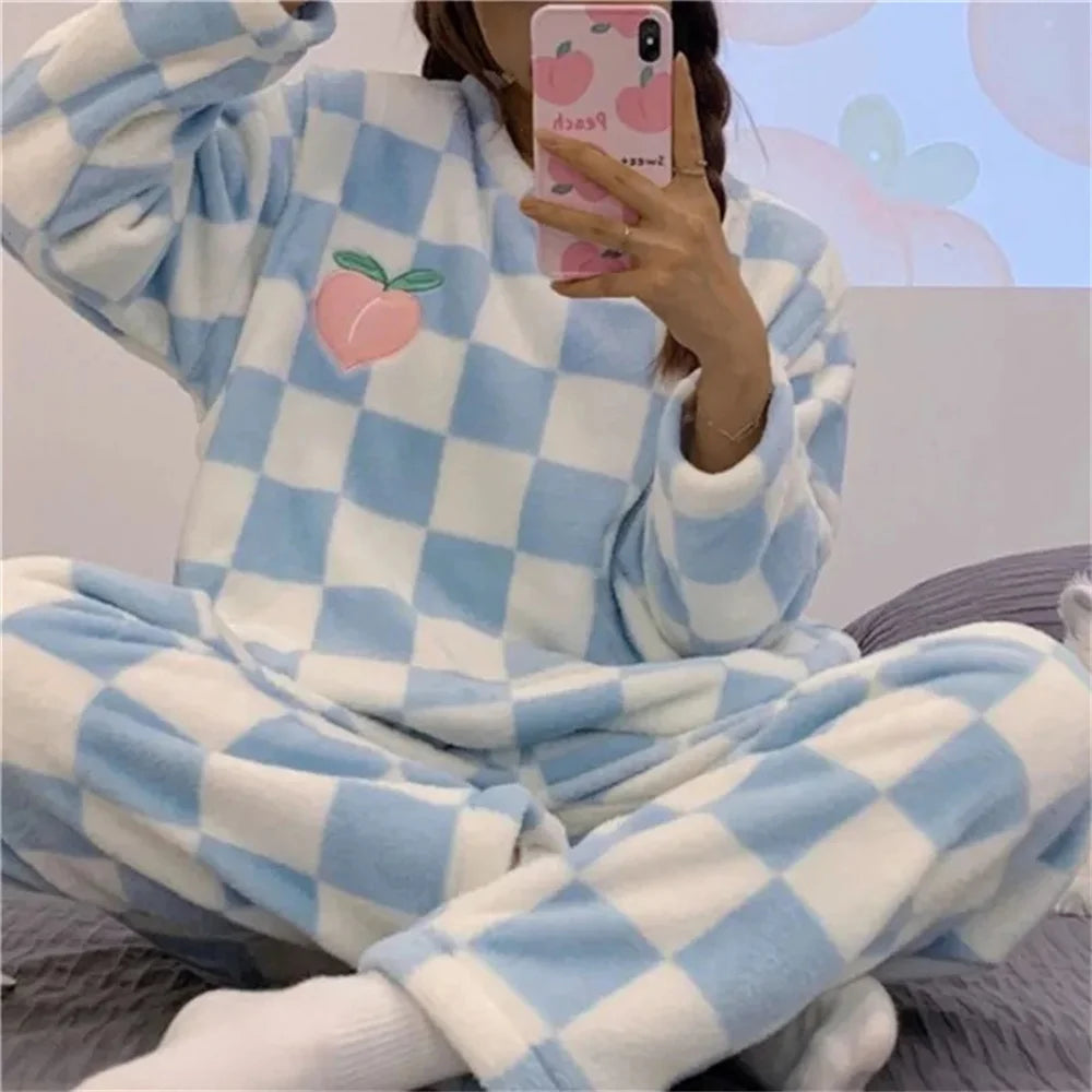 Autumn Winter Kawaii Cartoon Pajama Sets Women Pajamas Plaid Flannel Long Sleepwear Girl Pajama Night Suits Home wear PJ Suit