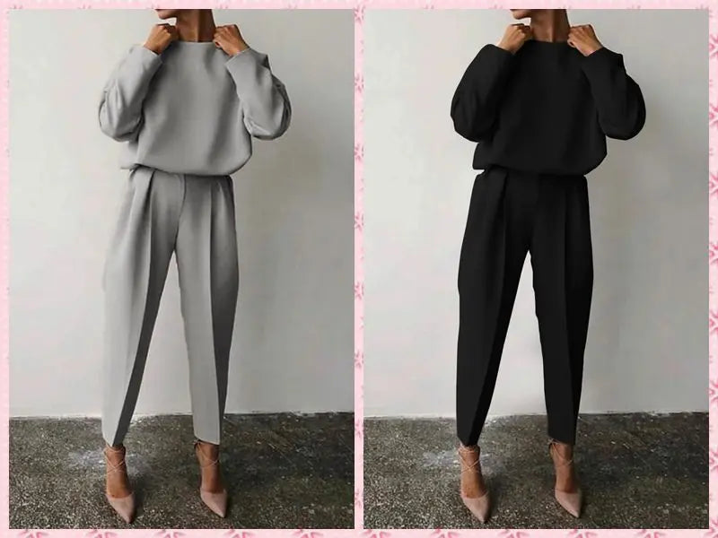Women Elegant Solid Color Two Piece Sets Casual O Neck Pullover Full Sleeve Tops + Pants Suit 2 Piece Set Woman Fashion Outfits