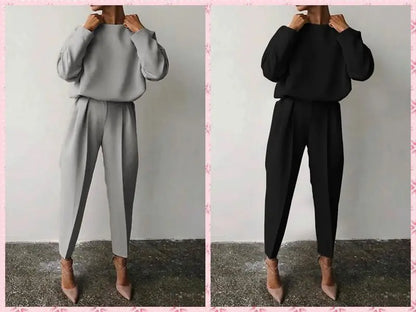 Women Elegant Solid Color Two Piece Sets Casual O Neck Pullover Full Sleeve Tops + Pants Suit 2 Piece Set Woman Fashion Outfits