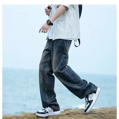 New Retro Washed Large Medium High Waist Men's Straight Blue Men's Trendy Denim Long Pants Men's Clothing Pantalon Homme Jean