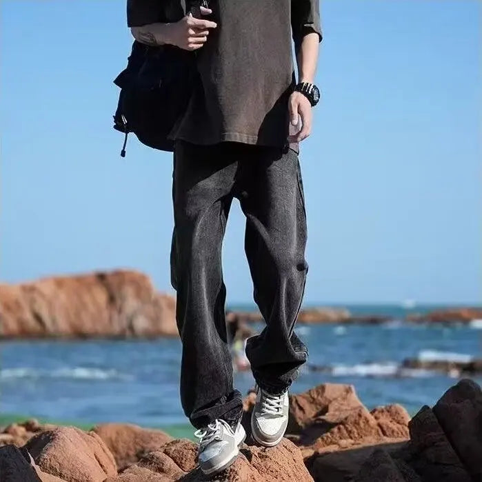 New Retro Washed Large Medium High Waist Men's Straight Blue Men's Trendy Denim Long Pants Men's Clothing Pantalon Homme Jean