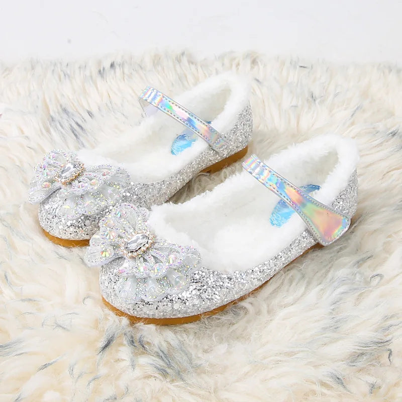 Disney Autumn Fashion Pearl Bow Rhinestone Frozen Elsa Princess Girl Shoes Flat Kids Princess Warm Winter Shoes Size 23-36