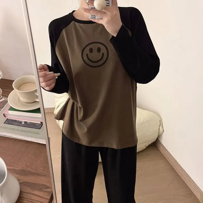 Women Spring Autumn Pajamas Set Female Solid Long-sleeved Pant Home Clothing Simple Loose Casual Smile Face Print Sleepwear XXL